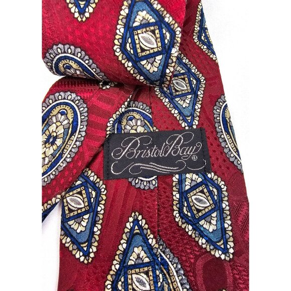 Vintage Bristol Bay Red & Blue Silk Tie With Geometric Floral Pattern - Picture 5 of 6